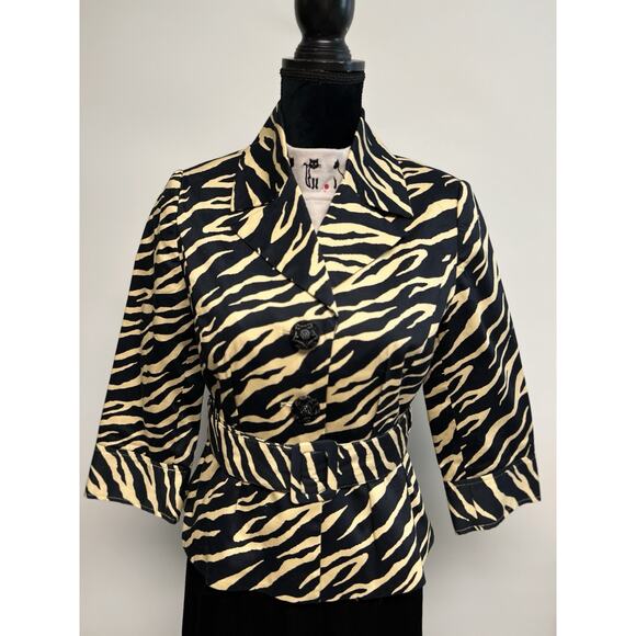 Y2K Womens Blazer Jacket Sz 6 P Animal Tiger Print Belted Whimsigoth Grunge - Picture 2 of 10